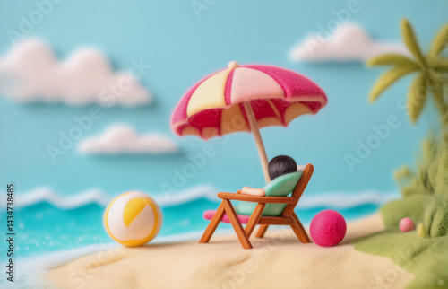 Wallpaper Mural A clay figure lounges on a beach chair under an umbrella, enjoying a sunny day. Several balls and a palm tree complete the playful scene. The sky features fluffy clouds. Torontodigital.ca