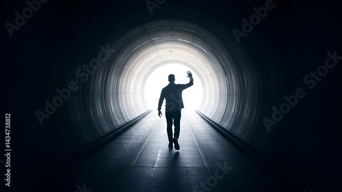A single male in a dark tunnel exiting and walking towards a bright white light while waving goodbye or hello.