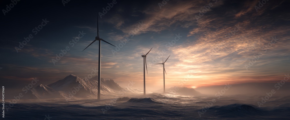 Obraz premium Wind Turbines on Snowy Mountain Landscape at Sunset