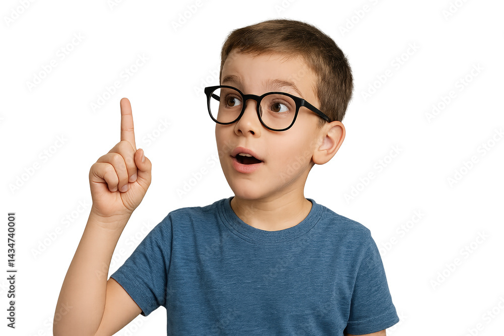 Curious child with glasses pointing up, wearing blue shirt against dark background. Isolated illustration Curious child with glasses pointing up, wearing blue shirt against dark background. Isolated illustration