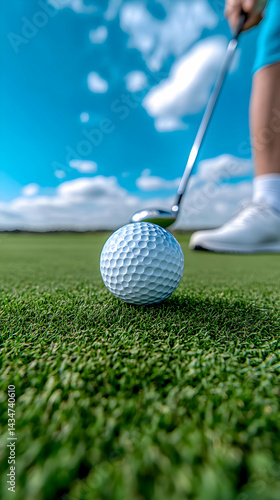 Close Up of Golfer Putting on a Lush Green Golf Course Under a Blue Sky