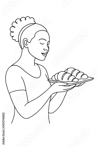 Mulher brasileira com croissants – ilustração vetorial de linha contínua em fundo branco, formato SVG

