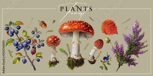 Obraz na płótnie Set of wild forest plants and mushrooms isolated on a neutral background. Vintage painting style illustration. w salonie