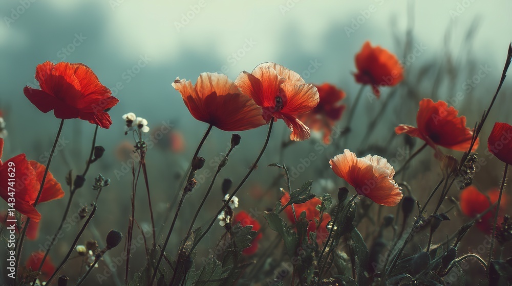 Obraz premium A field of vibrant red and peach poppies in soft light.