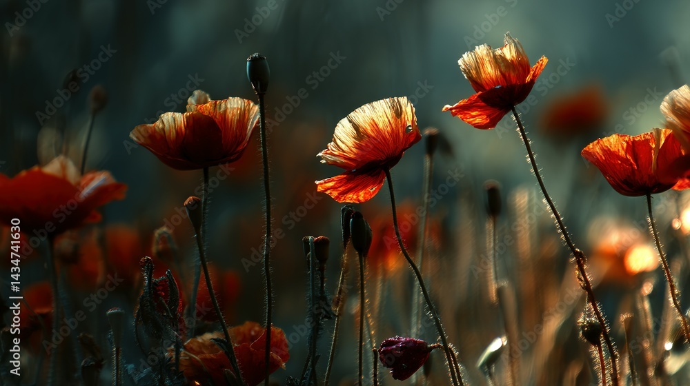 Obraz premium A field of vibrant poppies in warm sunlight.