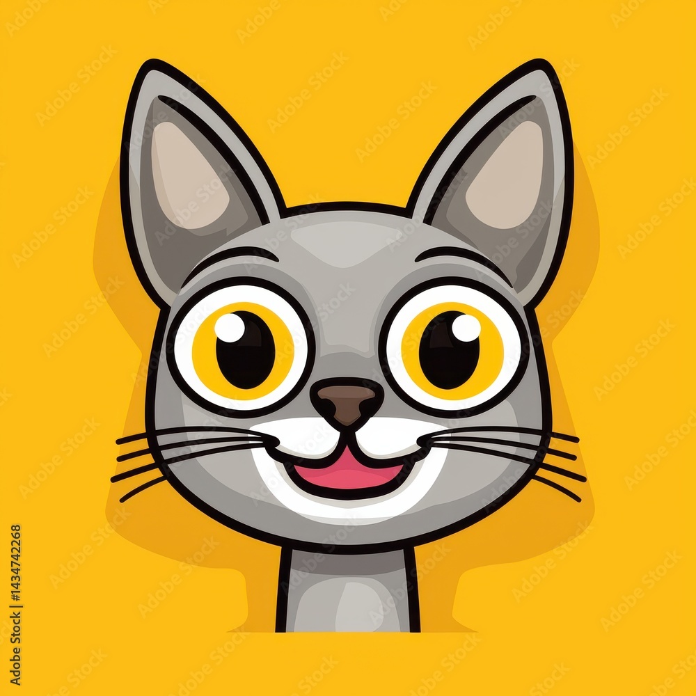 Obraz premium Cartoon illustration of a gray cat with yellow eyes and a playful expression