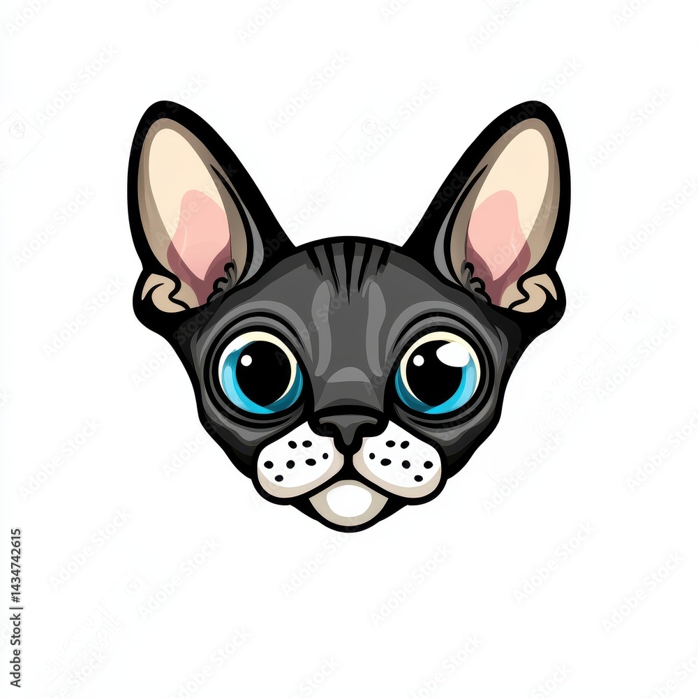 Cartoon illustration of a cat with large blue eyes and gray fur Cartoon illustration of a cat with large blue eyes and gray fur
