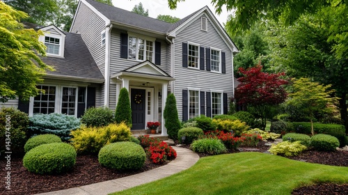 Gray house with landscaped yard