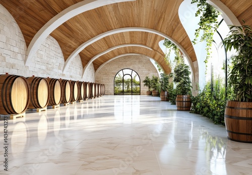 Sunlit modern wine cellar with arched wooden ceilings, stone walls, polished floors, and rows of oak barrels. Lush greenery and large windows add a touch of nature. 