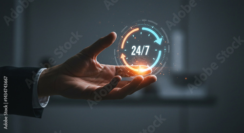 A hand holding a holographic display showing twenty four seven service availability with orange and blue arrows