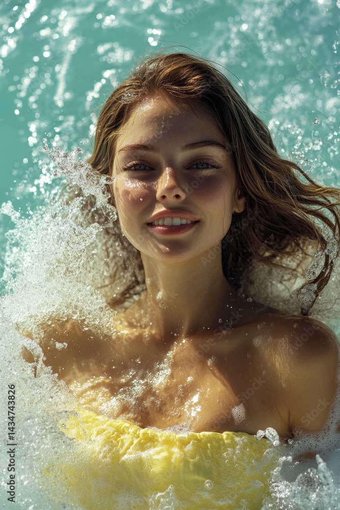 Sunny day at the ocean. Bright Ñommercial style. Pretty happy and sexy young woman with gorgeous thick middle brown hair in yellow strapless bandeau enjoying turquoise sea, splashes around her. Sunny day at the ocean. Bright Ñommercial style. Pretty happy and sexy young woman with gorgeous thick middle brown hair in yellow strapless bandeau enjoying turquoise sea, splashes around her.