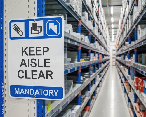 Mandatory keep aisle clear signage in a modern warehouse environment
