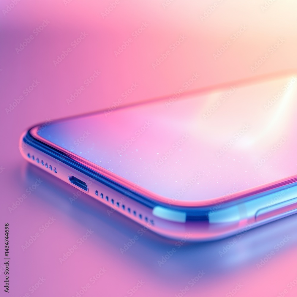 Close Up of a Modern Smartphone Device with Sleek Metallic Body in a Pink and Purple Gradient Lighting Close Up of a Modern Smartphone Device with Sleek Metallic Body in a Pink and Purple Gradient Lighting