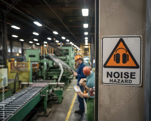 Industrial noise hazard warning sign with workers wearing safety helmets
