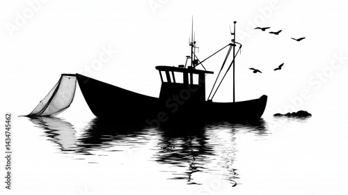 Fishing boat silhouette on water with birds flying black and white nautical seascape vector art
