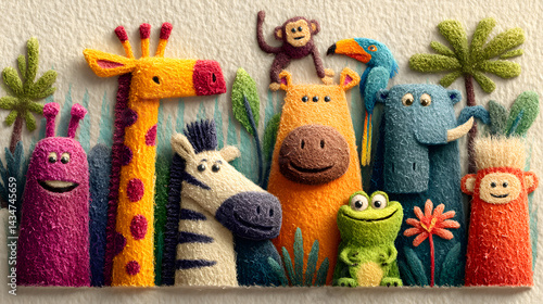 Whimsical handcrafted Jungle Animals in a vibrant colorful arrangement