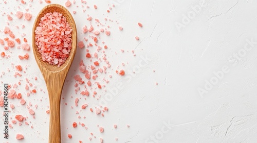 Himalayan Pink Salt Crystals in Wooden Spoon on White Textured Background Top View