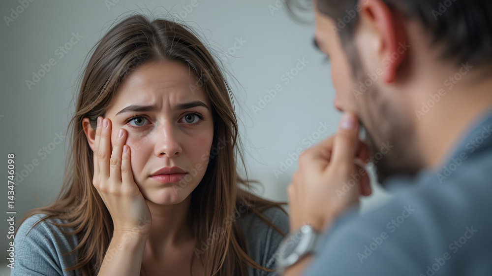 Crying woman suffering from domestic aggression, violence, protecting from tyrant man ready to hit, beat. Nervous husband, tyrant, aggressor, narcissist threatening wife. Relationship difficulties Crying woman suffering from domestic aggression, violence, protecting from tyrant man ready to hit, beat. Nervous husband, tyrant, aggressor, narcissist threatening wife. Relationship difficulties