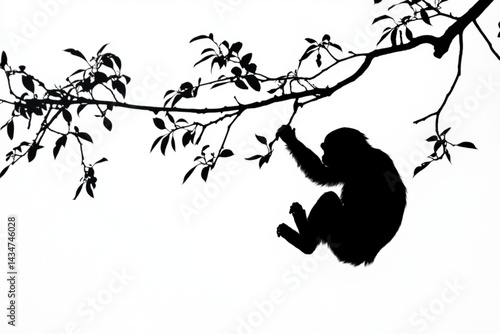 Silhouette monkey hanging from tree branch wildlife animal nature black and white primate ape fauna jungle