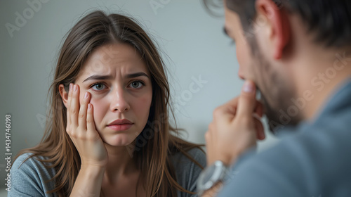 Crying woman suffering from domestic aggression, violence, protecting from tyrant man ready to hit, beat. Nervous husband, tyrant, aggressor, narcissist threatening wife. Relationship difficulties
