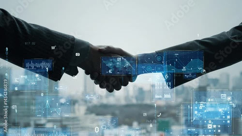 握手する使うビジネスパーソンのグループとデジタルテクノロジーのコンセプト