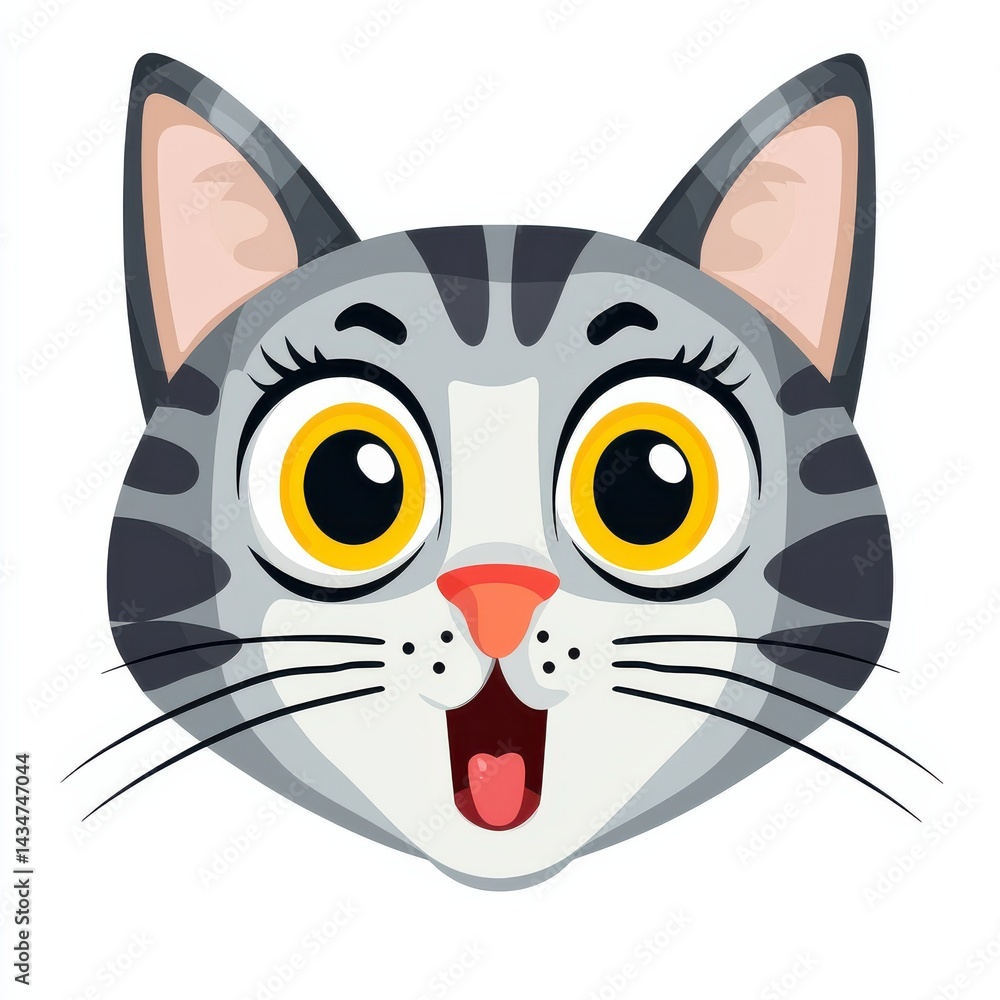 Obraz premium Cartoon illustration of a playful tabby cat with large yellow eyes and black whiskers