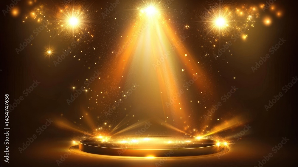 Naklejka premium Golden stage spotlights illuminate a circular platform.