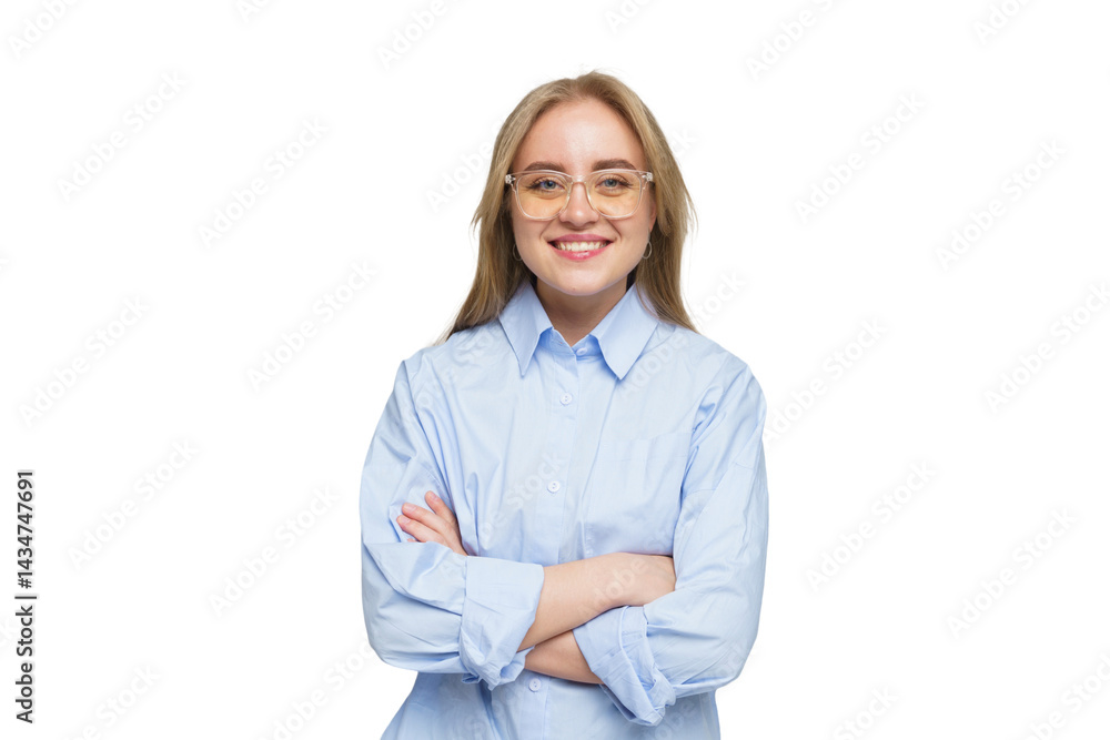 Bright smile of a young woman dressed in a light blue shirt against a simple white backdrop Bright smile of a young woman dressed in a light blue shirt against a simple white backdrop