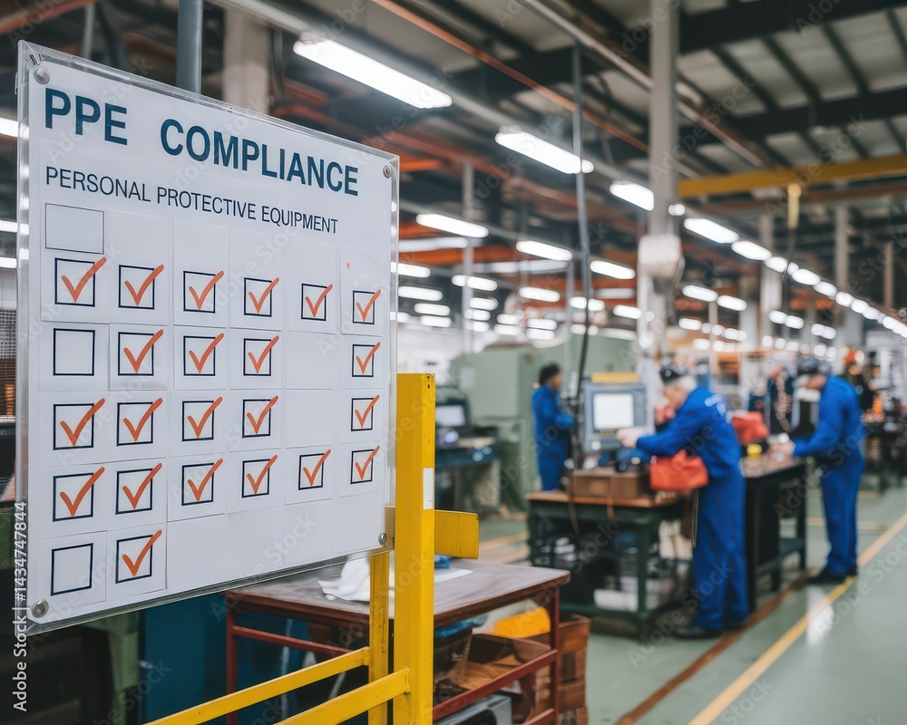 Naklejka premium Personal Protective Equipment Compliance Checklist in a Factory Setting