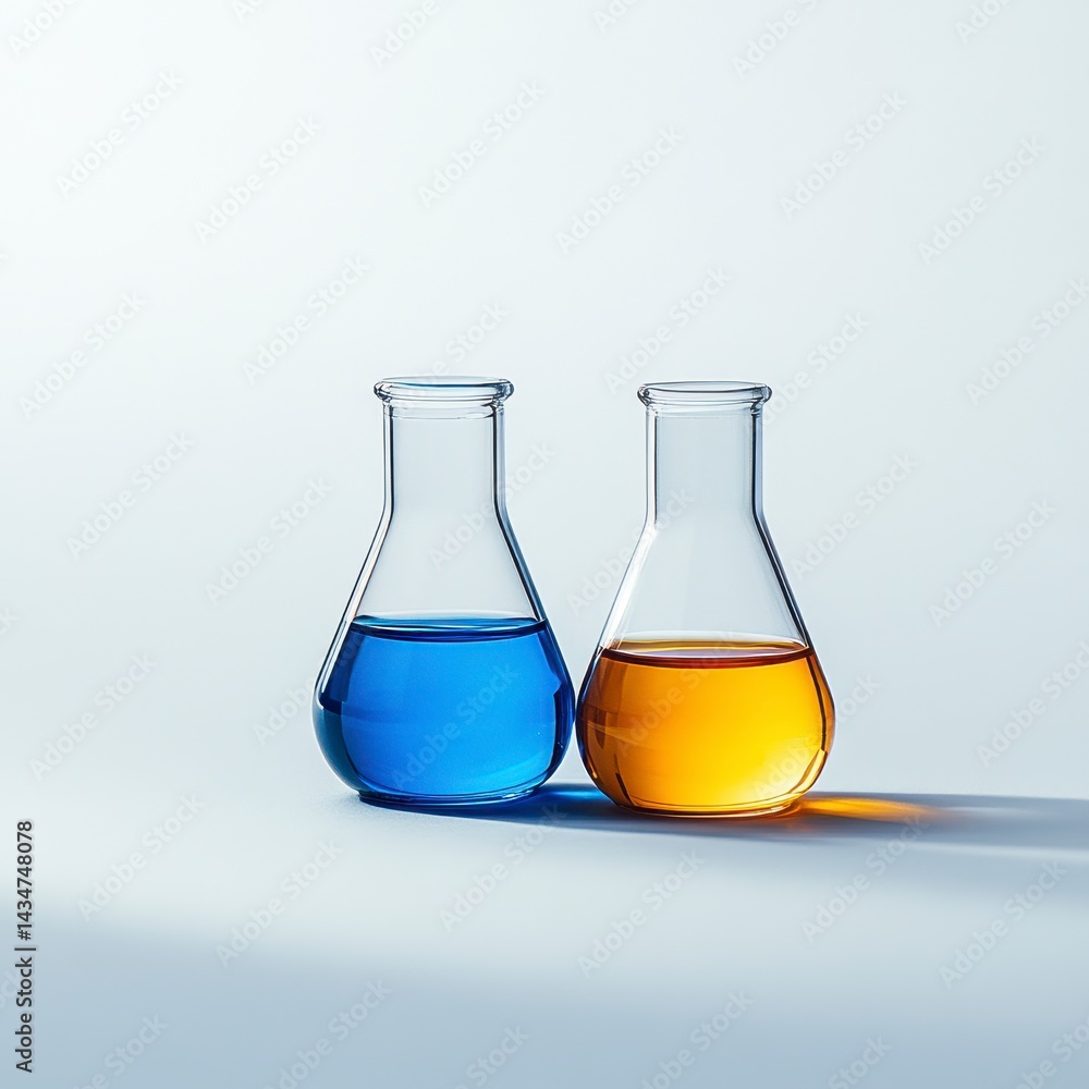 Two Glass Flasks Containing Blue and Yellow Liquids Under Soft Lighting on a White Background For Chemical Research Two Glass Flasks Containing Blue and Yellow Liquids Under Soft Lighting on a White Background For Chemical Research