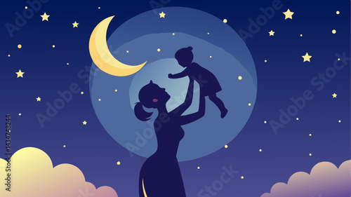 Silhouette of a mother holding her child up to the moon and stars at night.