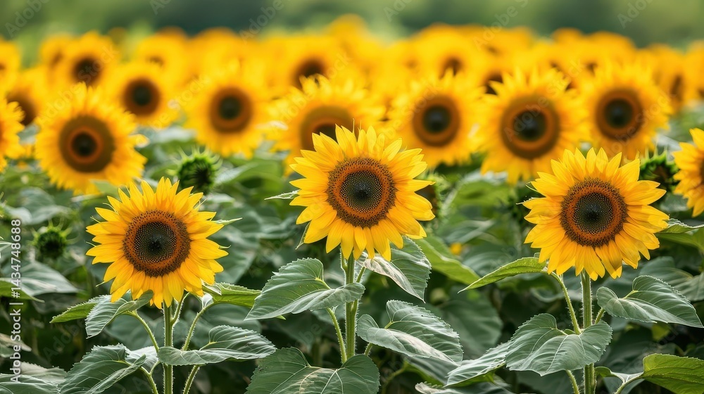 Obraz premium Vibrant Yellow Sunflowers Blooming in a Lush Field Summertime Nature