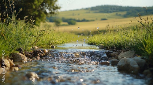 Scenic Rural Water Source with Glittering Stream and Lush Greenery in a Serene Nature Environment