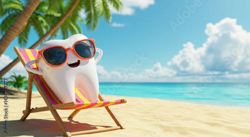 Happy cartoon tooth relaxing on beach chair under palm trees  