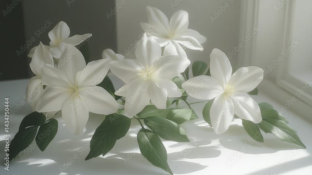 Fototapeta premium Elegant white flowers arranged gracefully on a table by a sunlit window
