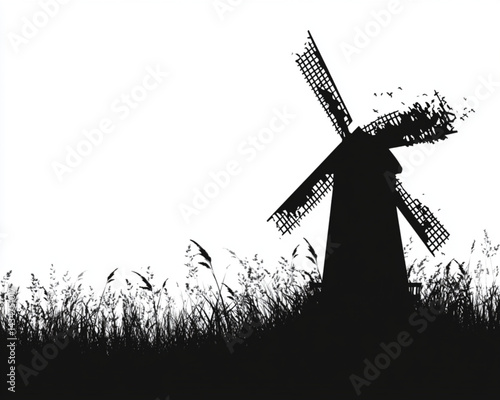 Windmill silhouette black and white vector illustration landscape with grass and birds design art