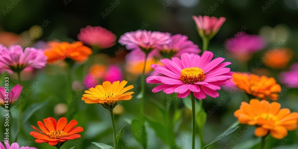 Vibrant Pink Orange and Yellow Zinnia Flowers Blooming in a Garden A Close Up Shot of Summer Flowers Vibrant Pink Orange and Yellow Zinnia Flowers Blooming in a Garden A Close Up Shot of Summer Flowers