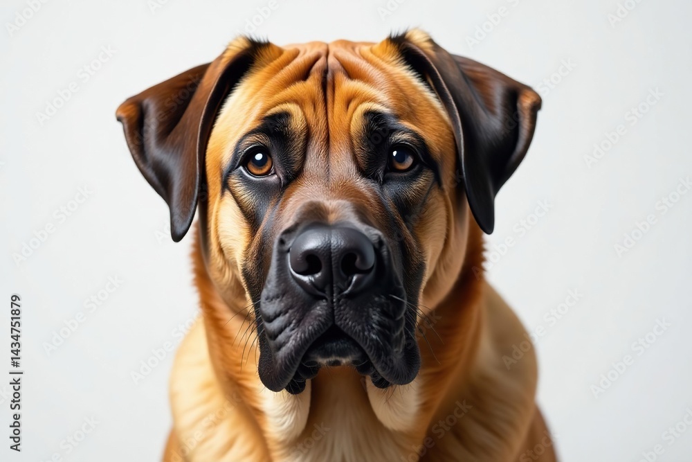 Obraz premium Noble Mastiff head shot, intense gaze, pure white backdrop, head, fur, big