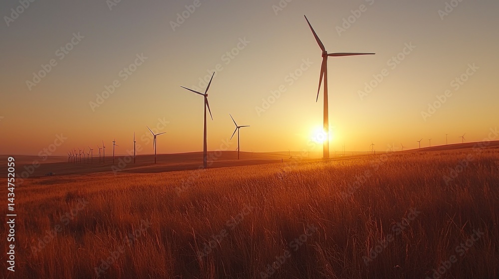 Obraz premium Scenic Rural Landscape with Wind Turbines at Sunset, Showcasing Sustainable Energy Projects in Natural Environment