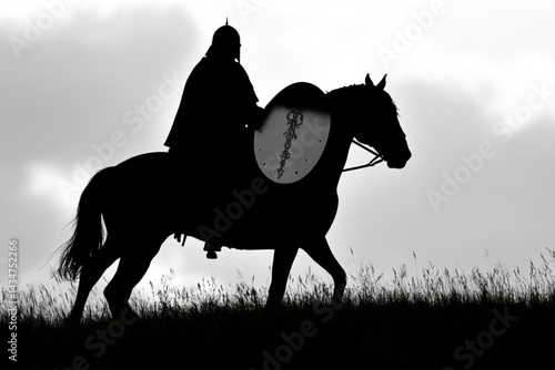 Silhouette knight horse rider medieval armor warrior equestrian black and white fantasy scene art