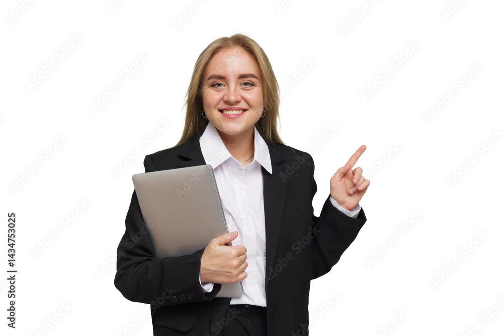 Professional woman in a suit presenting information with a laptop during a business meeting Professional woman in a suit presenting information with a laptop during a business meeting