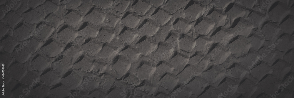 The texture of the plastered wall. Rough corrugated cement surface. Uneven angular pattern. Faded dark wide panoramic background for design. Shaded vintage texture with vignette.