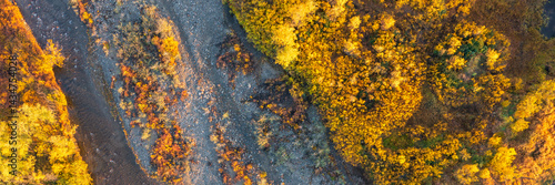 Obraz na płótnie Top view of a small river and trees. Beautiful autumn panoramic aerial photo. Fall season. Natural background. Great for design. w salonie