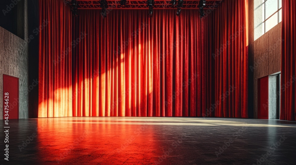 Fototapeta premium Empty Stage with Red Curtains and Dramatic Lighting in Modern School Auditorium Space
