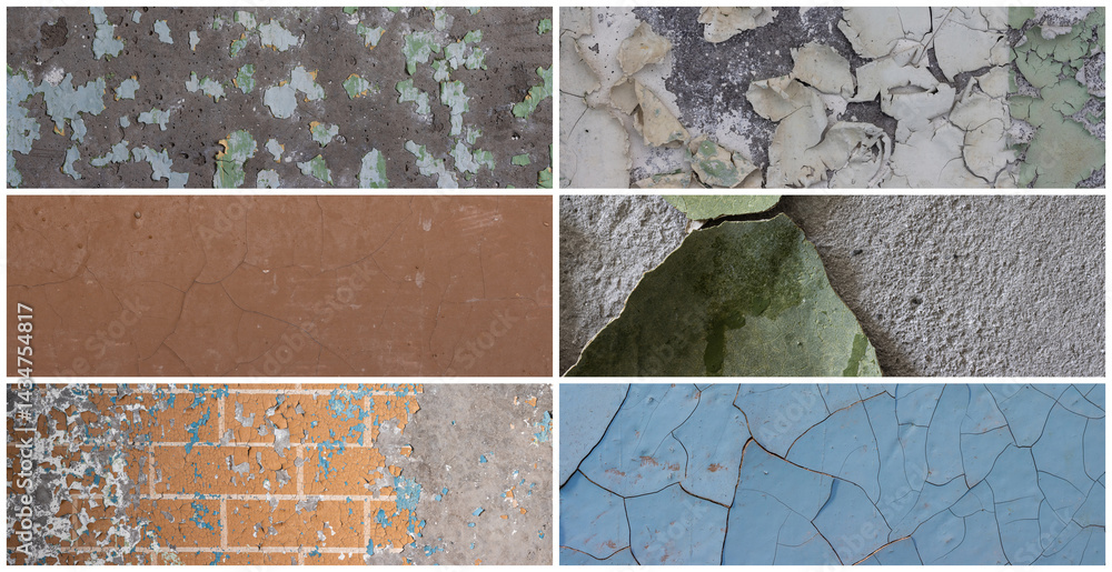 Set of peeling paint textures. Old concrete walls with cracked flaking paint. Weathered rough painted surfaces with patterns of cracks and peeling. Collection of panoramic backgrounds for design.