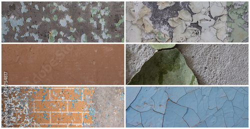 Obraz na płótnie Set of peeling paint textures. Old concrete walls with cracked flaking paint. Weathered rough painted surfaces with patterns of cracks and peeling. Collection of panoramic backgrounds for design. w salonie