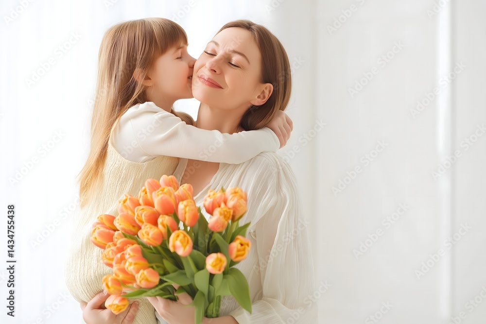 Happy Daughter Hugging and Kissing Mother Holding Bouquet of Flowers, Family Love and Mother's Day Celebration Happy Daughter Hugging and Kissing Mother Holding Bouquet of Flowers, Family Love and Mother's Day Celebration