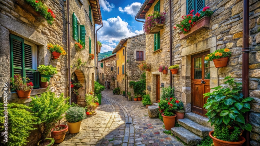 Fototapeta premium Baciafemmine Vicolo Scheggino Italy: High-Resolution Photo, Charming Alleyway, Umbria, Italian Village, Stone Buildings, Picturesque Street