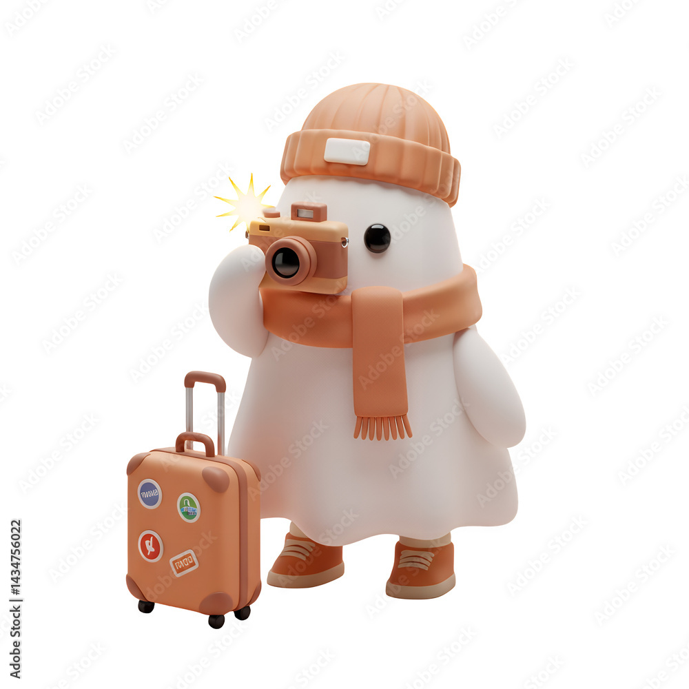 Fototapeta premium Traveling Character Taking Photo with Camera and Luggage