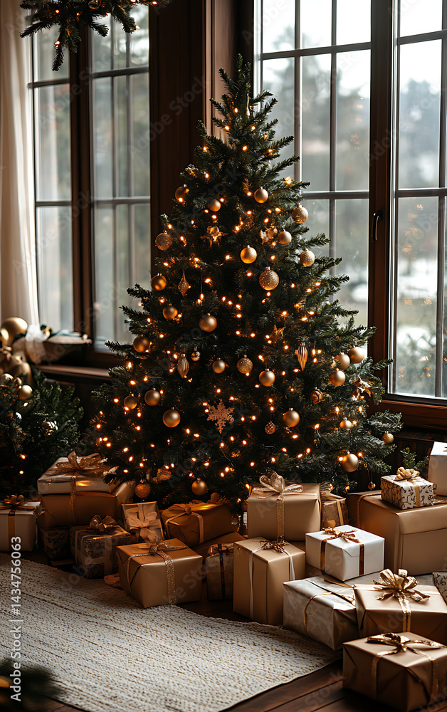 Obraz premium Elegantly Decorated Christmas Tree by a Window with Soft Light